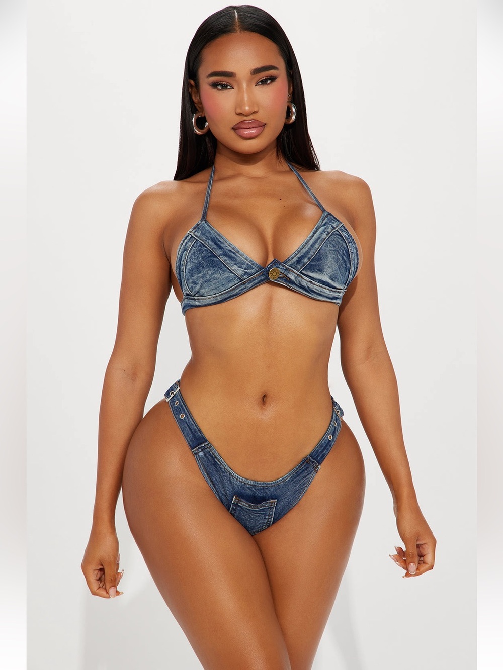 Yira WEAR JEANS Denim Buckle Pocket Halter String Bikini Sunsuit